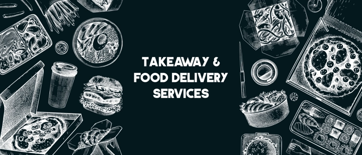 Takeaway and food delivery frame. Hand drawn vector illustration on chalkboard. Takeout food in paper box, fast food menu design. Pizza, burger, coffee, noodles, poke, sushi sketch